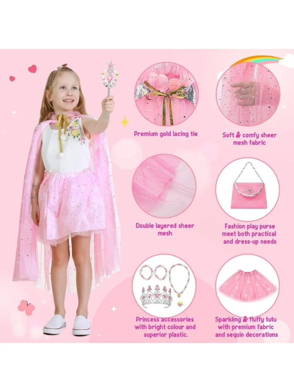 Princess Dress Up Cape with Crown & Tutu Costume Set for Girls Ages 3-8-Pink